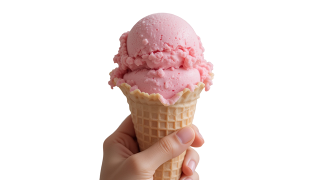Hand Holding Pink Ice Cream in Waffle Cone – Close-Up on Transparent Background