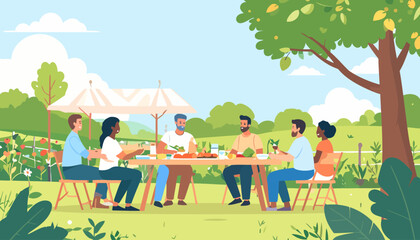 Fototapeta premium Diverse group of six friends enjoying a sunny outdoor meal at a wooden table.