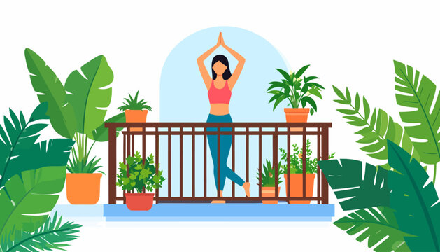 Woman with dark hair in a pink top practices a yoga tree pose on a balcony surrounded by lush green plants.