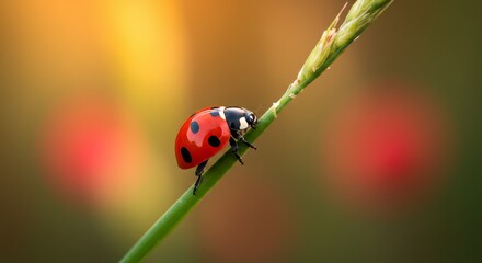 Macro of a red ladybug on a grass blade, soft background