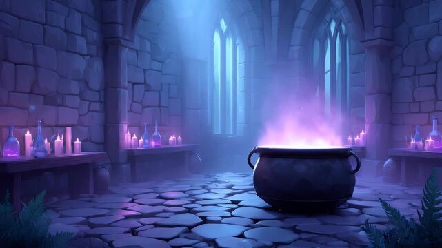 Witch lair background with bubbling cauldron, potion shelves, and glowing magical runes