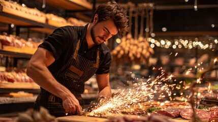 A butcher expertly sharpens his knife with sparks flying, surrounded by meat in a well-lit shop