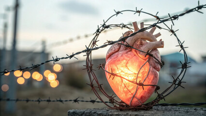 Glowing human heart wrapped in barbed wire symbolizes struggle and resilience