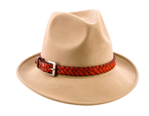 Light brown fedora hat with red band isolated on transparent background