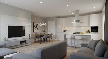 Modern contemporary living room with kitchen and dining room. Luxurious apartment background with contemporary design. Modern interior design with sofa and TV wall. 3D render, 3D illustration.