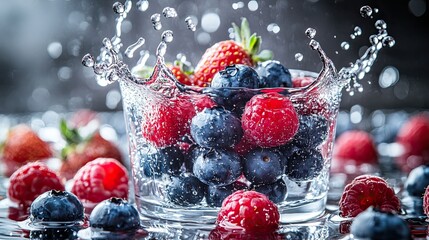 Fresh Blueberries, Strawberries, and Raspberries Splashing in Water on a Transparent Background 