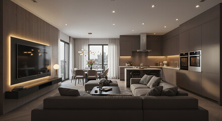Modern contemporary living room with kitchen and dining room. Luxurious apartment background with contemporary design. Modern interior design with sofa and TV wall. 3D render, 3D illustration.
