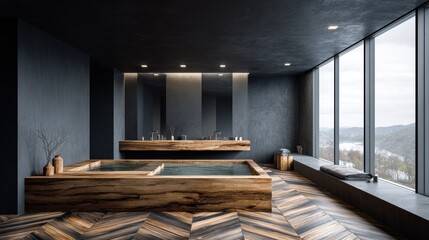 Obraz premium Modern bathroom with a large wooden soaking tub and panoramic windows.