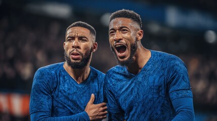 Two soccer players celebrate passionately on the field