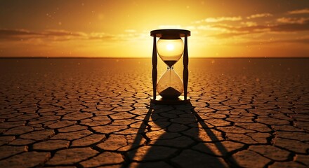 Hourglass casting long shadow on cracked dry desert ground at sunset symbolizing time pressure.