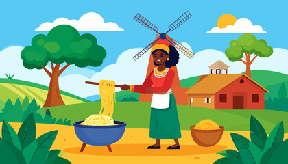 Smiling Black woman in colorful traditional attire cooking fresh noodles outdoors in a rural setting.