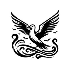 Obraz premium A majestic seagull with outstretched wings soars above stylized waves symbolizing freedom and new beginnings
