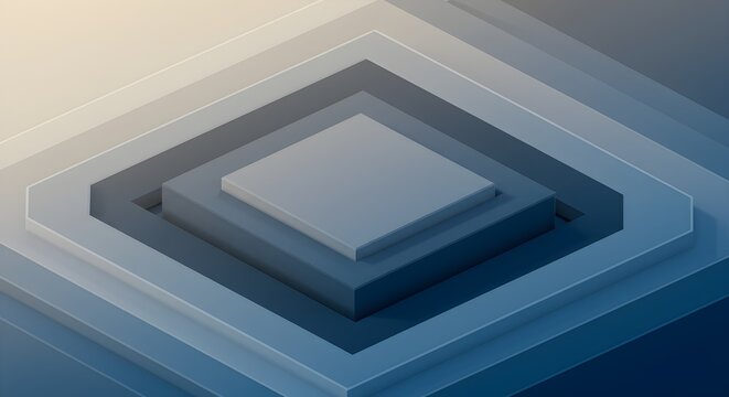 Isometric illustration featuring a series of nested squares, creating a layered, stepped effect in shades of blue and gray, with a subtle gradient background.