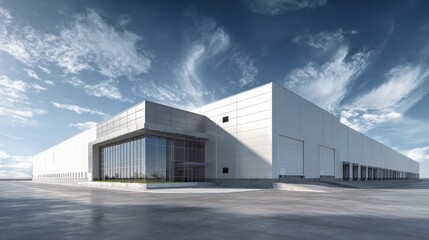 Obraz premium Modern industrial building with sleek design and expansive windows under a bright blue sky.