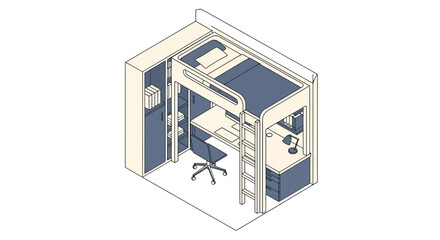 Compact dorm room layout with bed and study space © hamzahalderad