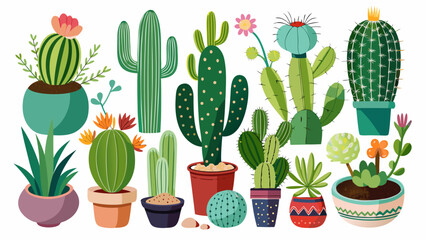 Vector art of a vibrant collection of various potted cacti and succulents isolated on white background