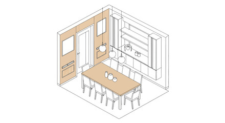 Dining room interior sketch, table, chairs, lighting, decor