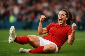 Female soccer player celebrating goal with joyful expression on field