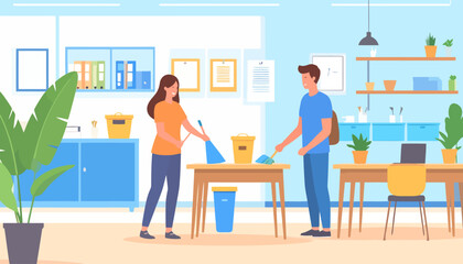 Cheerful man and woman cleaning a wooden table together with brushes and dustpans in a modern flat illustration.