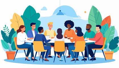 Diverse team of smiling professionals in a collaborative business meeting, sitting around a large white oval table.