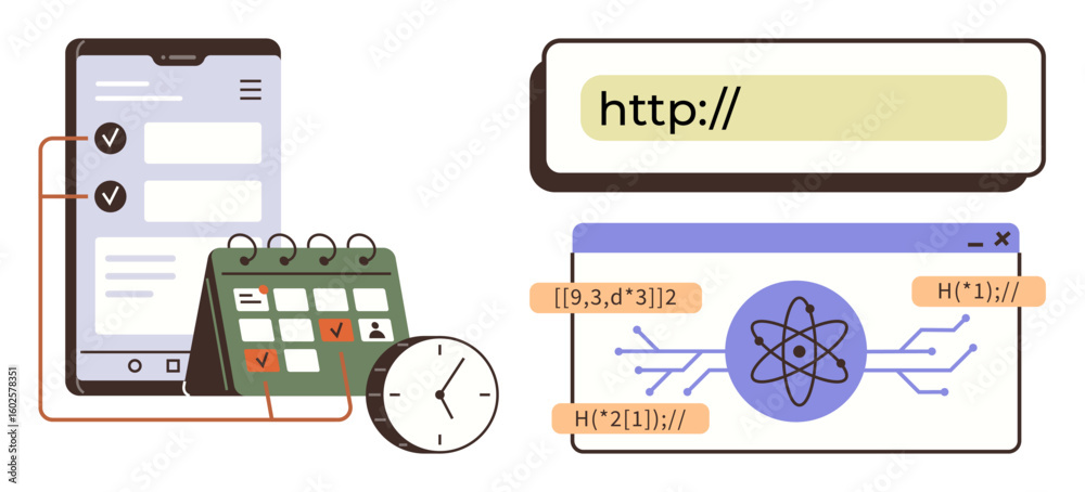 Poster smartphone task list, calendar, clock, url bar, and coding interface with an atomic symbol. ideal fo