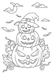Stack of three Halloween pumpkins with witch hat and leaves standing on top of each other. Moon with clouds and flying bats. Black and white illustration for coloring book