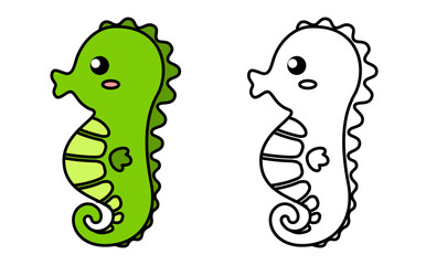 Cute cartoon seahorse. Black and white vector illustration for coloring book with example in color