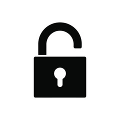 Black silhouette of an open padlock on a white background