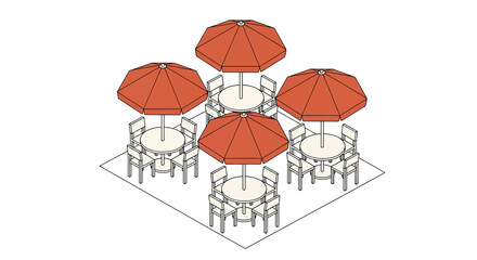 Outdoor cafe seating arrangement with umbrellas and tables