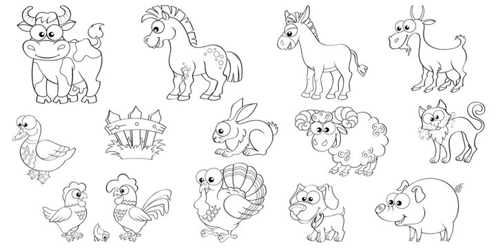 Big set of cute cartoon farm animals. Horse, cow, goat, rabbit, dog, hen, cock, chick, sheep, turkey, duck, cat, donkey, pig and fence. Black and white illustration for coloring book