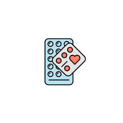 Pillbox with heart sticker and medication capsules in flat style  