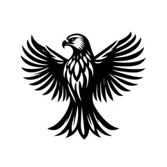 Obraz premium A stylized black silhouette of an eagle with its wings spread wide isolated on a white background