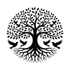 Tree of Life with Birds Silhouette Vector Illustration Graphic Design