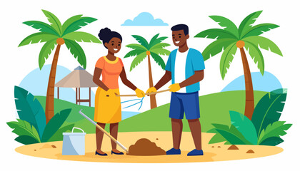 Smiling Black man and woman in casual wear working together with gardening tools.