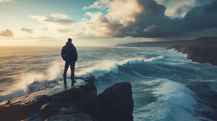 A man stands on a cliff edge, gazing at the powerful ocean waves below, under a dramatic sky that enhances the cinematic viewpoint.
