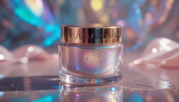 Iridescent Cosmetic Jar on Abstract Background