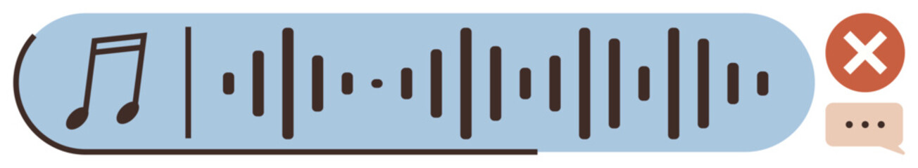 Audio message interface featuring a waveform, musical note, delete button, and reply option. Ideal for communication, sound sharing, user interface, technology, messaging audio notes simple flat