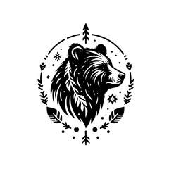 Stylized illustration of a bears head with tribal elements isolated on white background