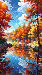 Vibrant autumn forest reflected in a calm lake under a blue sky
