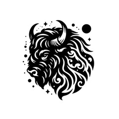 Stylized black and white illustration of a bisons head isolated on white background