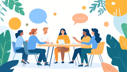 Diverse team of colleagues in a creative business meeting, collaborating around a table.