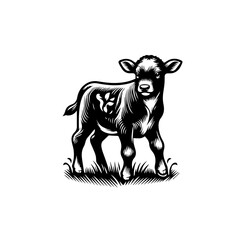 A charming black and white illustration of a young calf standing in a grassy field