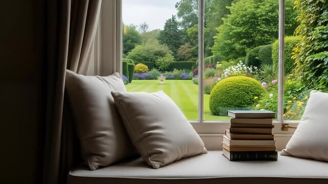 Cozy window seat with books overlooking a beautiful lush green English garden.