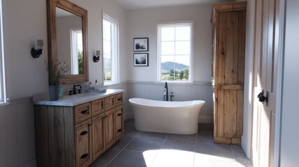 A rustic bathroom interior with a wooden vanity and freestanding tub.