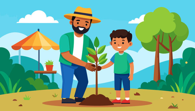 A happy, bearded father in a straw hat and his young son planting a green sapling together.