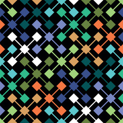 Seamless  geometric pattern with a checkered design of multicolored small square on a black background. Ethnic modern style. Abstract vector illustration for wallpaper, textile, and wrapping.