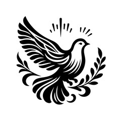 Obraz premium A stylized black and white illustration of a dove with outstretched wings carrying an olive branch symbolizing peace and hope