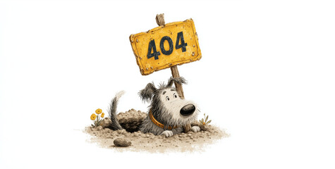 funny 404 error page design with cute cartoon dog character; dog is looking from a digged hole and holding 404 sign with written digits; humorous animal isolated over white background