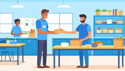 Diverse group of smiling volunteers packing food donation boxes at a community charity center.