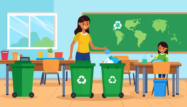 Teacher and student recycling waste in a classroom, promoting environmental education and sustainability.